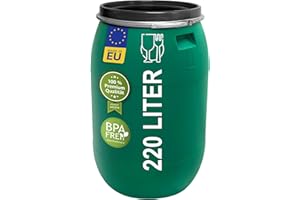 Das Plasteo® 220 Liter Weithalsfass mit Deckel und Spannring, HDPE, BPA-Frei, lebensmittelecht, vielseitig verwendbar als Lebensmittelfass, Futtertonne, Regentonne (Grün mit Spannring)