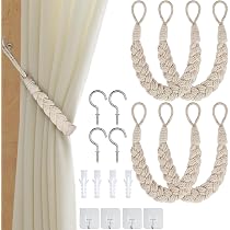 Pretty Jolly 4 confezioni di fermatende in corda di cotone naturale, stile elegante boho, decorativi, morbidi, intrecciati a mano, con gancio in