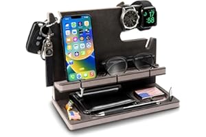 GRETA OTO GRETAOTO Station de Charge en Bois pour Téléphone, Tablette, Montre, Portefeuille, Accessoires, Organisateur de Bureau, Support Rangement Bureau, Table de Nuit, Cadeaux Hommes