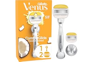 Gillette Venus Pro ComfortGlide Rasoio Da Donna, Al Profumo Di Cocco, 2 Lamette Di Ricambio, Manico In Metallo Riutilizzabile E Gancio Per Doccia
