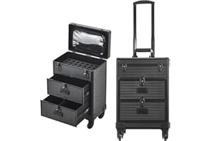 BTGGG Kosmetikkoffer Trolley mit Schublade Professionell Make Up Koffer Friseurkoffer mit Rollen Abschließbar Schminkkoffer Damen Nägel Koffer für Reise Friseure Visagisten Nageltechniker Schwarz