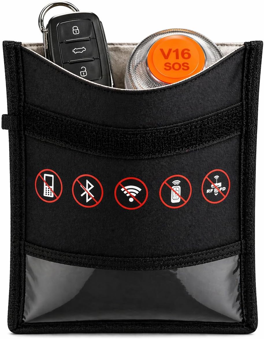 Polymarket Bolsa Faraday Antirrobo para Baliza V16, Móvil, Llaves de Coche y Tarjetas – Bloquea Robo Sin Llave, GPS, WiFi, RFID/NFC y Bluetooth (25x28 cm) as