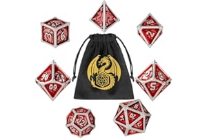 DND DADO Metal Dice Set, Dragon Pattern, 7pcs Polyhedral Metal DND Dice Set, DND Starter Set, D&D Gifts with Gift Bag, Role Playing Board Games Accessories, Red