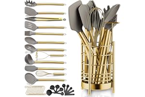 Berglander Juego de utensilios de cocina dorados de silicona antiadherente de 38 piezas, juego de cucharas y espátulas con resistente soporte para utensilios de acero inoxidable