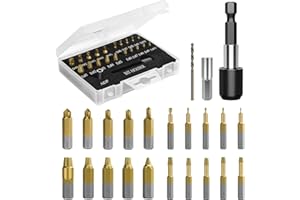 Nuovoware Kit d'Extracteur de Vis Cassé, 22 PCS Outils d'Extraction Améliorés en Acier Allié HSS 4341 avec Mèches 2 Porte-embouts d'Extension Magnétique Adaptateur de Prise pour Boulon Endommagé, Doré