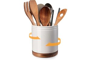 DOWAN Portautensili girevole a 360°, grande portautensili in ceramica bianca, organizer per utensili da cucina con protezione sul piano di lavoro, fondo in sughero per casa colonica e cucina, regalo