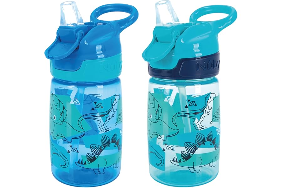 Nuby Incredible Gulp Water Bottle - No Spill Active Toddler Sippy Cup | 360ml / 12oz | Carry Handle | Dishwasher and Microwave Safe | Suitable Beaker for 18 Months Plus (Dinosaurs, Pack of 2)