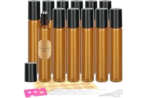 MAXMOC 12 Stück Roll on Glasflaschen für Ätherisches Öl, 10ml Roll on Flasche Leer mit Edelstahl-Ball, Braune Rollon Flaschen mit Öffner,Tropfer, Strohhalm, Etiketten für Ätherische Öle, Parfüm, Massage