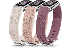 Minyee 3 Packs Compatible with Fitbit Luxe Bands for Women Soft Silicone Floral Engraved Sport Strap Dandelion Wristband Replacement for Fitbit Luxe Watch Bands/Luxe Special Edition Fitness Tracker