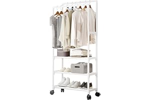 MONKLE - Appendiabiti da terra, Appendiabiti con ruote nero,stand appendiabiti nero a doppia asta con 3 vani portaoggetti(Bianco)