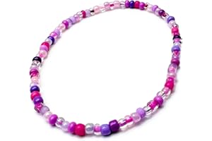 VILDA JEWELLERY Pink and Purple Glass Seed Bead Anklet on Elastic, Colourful Handmade Design : Size M/L 10 inches, Beach Boho Summer Colours, Everyday Jewellery for Women