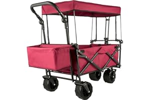 HAPPYBUY Happy Buy 100KG Capacity Collapsible Wagon Cart Foldable Wagon Cart Removable Canopy 600D Oxford Cloth Wagon Oversized Wheels Folding Wagon Adjustable Handles for Beach Garden, Red, Extra Large