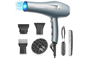 AULAYA Ionen Föhn, Profi Fön Schnelles Trocknen Salon, Haartrockner mit 2 Geschwindigkeiten 3 Wärmeeinstellungen, Haarfön mit Diffusor, Düse, Konzentrator Kamm（Blau）
