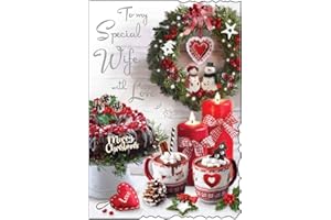 JONNY JAVELIN Wife Christmas Card - Special Wife - Winter Wreath and Hot Chocolates - Artistic Festive Design - Special Finishes and Illustrated Insert Leaf - Made in the UK