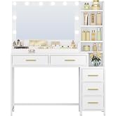 HEXCELEN 110 cm Makeup Vanity with LED Light, 3 Colours, White | Grote Mirror Dressing Table with LED Light, Adjustable Brigh