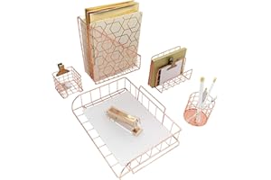 BLU MONACO Rose Gold Desk Organizer - 5 Piece Desk Accessories Set - Letter - Mail Organizer, Paper-Document Tray, Pen Cup, Magazine File Holder - Rectangle Pattern - Office Supplies Stationery Décor