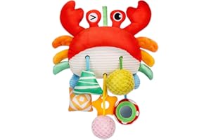 Accevo Jouet à suspendre en forme de crabe pour poussette avec pince, miroir, petite clochette, hochets, froissement, couinement, jouets pour bébé de 3 à 6 mois, idéal pour garçons et filles
