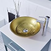 BELOFAY Flash Gold Stylish Bathroom Counter Top Wash Basin Sink, Round Glass Bowl Cloakroom Basin for Vanity Cabinet, Toilets