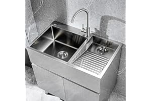 ATHOMASM Fregadero De Acero Inoxidable Con Tabla De Lavar: Lavabo Para Uso General Hecho A Mano Para Lavadero, Taller Y Garaje: Acabado Cepillado Duradero, Lavabo Profundo Con Drenaje Eficiente(Right-b,80cm)