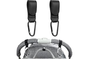 AESTUSTHERI 2 Pack Pram Hooks - PU Leather Pram Clips - Suitable for Backpacks, Diaper Bags, Shopping Bags - Pram Bag Clips for Strollers - Ideal for Outdoor Use(Black)