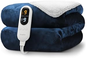 KEPLIN Large Electric Heated Throw Blanket - Electric Heated Blanket Throw for Bedspread 9 Heat Settings & Timer, Machine Washable Fleece Wool Duvet with 1 Year Warranty - Navy/Cream Sherpa