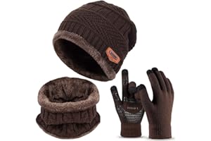 LALAFANCY 3 Pieces Winter Beanie Hat Scarf Set and Touch Screen Gloves Warm Thick Knit Fleece Lined Skull Cap Gifts for Men Women