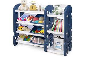 DREAMADE DREAMDE Scaffale per Giocattoli e Libri, Libreria Combinata con 3 File di Cesti Portaoggetti Rimovibili, Mobiletto per Bambini Sicuro Durevole, per Cameretta, Studio e Salotto, 112x35x92 cm (Blu)