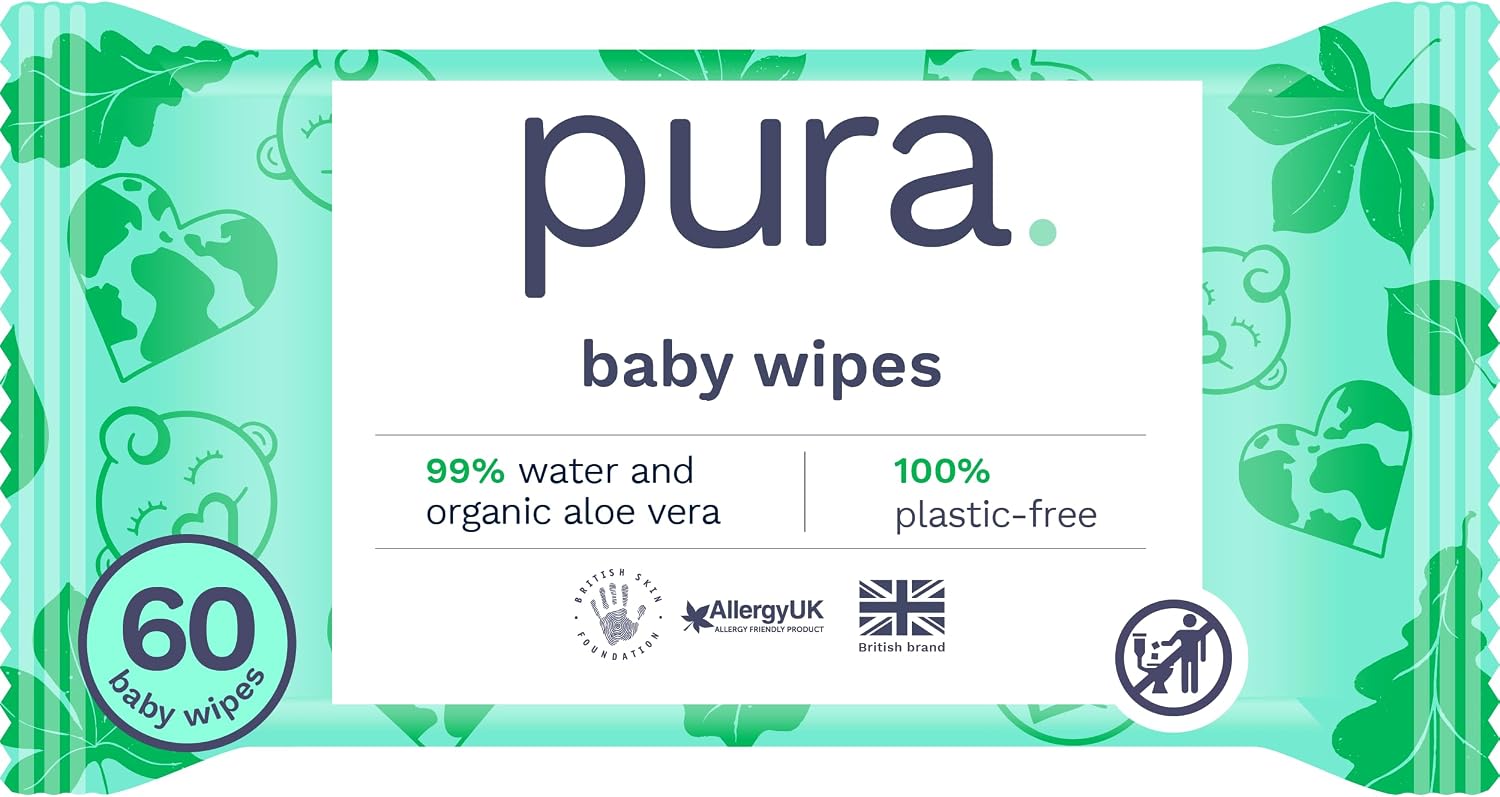 Pura Eco Friendly Baby Wipes, 99% Water, 100% Plastic Free, Biodegradable, Compostable, Vegan, Suitable for Sensitive, Eczema Prone and Newborn Skin, Vegan, 1 Pack of 60 Water Based Wet Wipes