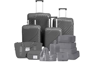 Karl home Luggage Sets of 6, PP Hardshell Suitcase Sets with 8 Packing Organization Cube, Carry on Checked Luggage with Spinner Wheels TSA Lock, Cabin Suitcase for Women Men, Dark Grey