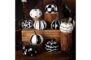 Leinuosen 9 Pcs Halloween Mini Pumpkin Decor Indoor Artificial Pumpkins Decor Black and White Buffalo Plaid Ornaments Stripe Table Centerpieces for Fall Halloween Autumn Home