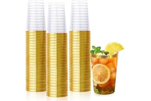 mauepersu Lot De 50 Gobelets En Avec Bord Dorée, 350 ml, Réutilisables, élégants, Verres à vin, Pour Champagne, Bière, Cocktail, Martini, Soda, Dessert (10,5 x 7,5 cm) (Or)