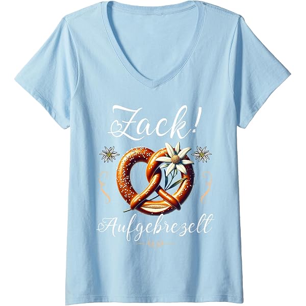 Produktbild von Oktoberfest Shirt Damen Zack Aufgebrezelt Oktoberfest Brezel Tracht Edelweiß Wiesn Tshirt Damen V Ausschnitt