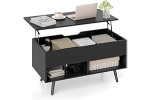 COSTWAY Lift Up Top Coffee Table, Wooden Lifting Cocktail Center Table with Hidden Storage Compartment and Open Shelves, Rectangle Accent Sofa Side Tea Tables for Living Room Office (Black)