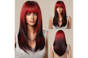 ‎TESTAR testar Rote Schwarze Ombre PerÜCken FÜR Frauen Lange Gerade Rote PerÜCken Mit Air Bangs Cosplay Synthetik Hitzebeständige PerÜCke NatÜRlich Aussehend FÜR Den Täglichen Gebrauch Weihnachten