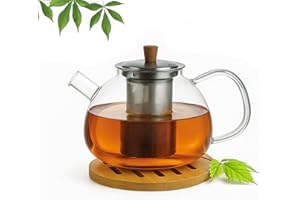 HAUSLEBEN Teekanne aus Glas mit Edelstahl-Sieb Unterteller Dobin – 1,5 Liter – Borosilikatglas & Bambus Unterteller – Tropffrei, Hitzebeständig, Spülmaschinenfest (Teekanne)