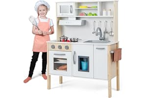 RELAX4LIFE Cucina Giocattolo per Bambini, Gioco Cucina in Legno con Microonde, Forno, Rubinetto, Lavello e 18 PCS Accessori, Mini Cucina per Bambini 3 4 5 6 Anni (Bianco)