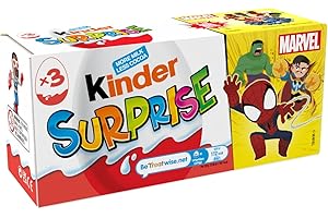 Kinder Surprise Chocolate Gift, Chocolate Eggs, Fine Milk Chocolate Shell with Milky White Lining, Contains Toys, Pack of 3 x 20g, Packaging May Vary