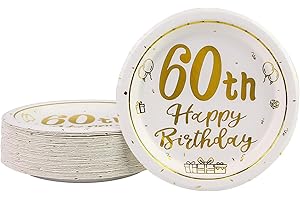 AHPYEUHK 60 Anni Compleanno Piatti Carta Oro Bianco 7 Pollice 50 PCS Stoviglie Festa Piatti di Carta Compleanno Decorazione Regalo di Festa per Uomo Donna