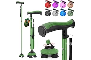 BeneCane Walking Cane for Men & Women Walking Stick for Seniors Folding Canes Quad Cane Adjustable Lightweight Sturdy Free Standing Collapsible Heavy Duty with Soft TPR T-Handle and Travel Bag