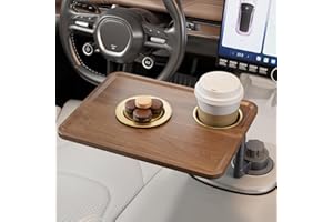 Fewuto Car Cup Holder Tray Desk, 360° Rotating Black Walnut Solid Wood Food Car Table - Steering Wheel Tray Road Trip Essentials Accessories for Tesla Model Y/3/S, Ford F150 Most Vehicles