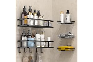 LAIWOO Duschablage Ohne Bohren, Duschregal, 5er Set Duschkorb und Seifendose, Badezimmer Organizer Selbstklebendes mit 5 Beweglichen Hakenfür Bäder Küchen, Schwarz