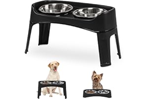 Iris Ohyama, Gamelle pour Chien, Support Gamelle Chien Surelevee, Double Bol INOX, Lot de 2, Hauteur Réglable, Anti Eclaboussure, Pliable, Digestion Fluide, pour Chat, Croquette, Eau, PEF-L, Noir