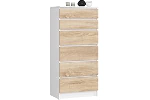 AKORD Cassettiera K60 con 6 Cassetti | Credenza Alta | Moderna Mobiletto per Soggiorno Sala da Pranzo Camera da Letto Corridoio Bagno | Armadio Cameretta | 60x130x40 cm, 43kg | Bianco/Rovere Sonoma