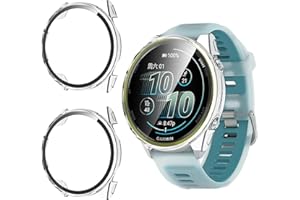 GIOPUEY Coque Compatible avec Garmin Forerunner 570 42mm, [2 Pièces] Film de Protection en Verre + Cadre en Plastique Dur Etui - Transparent+Transparent
