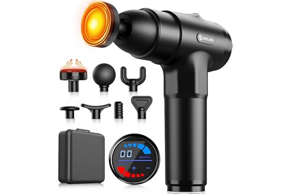AERLANG Pistola de Masaje Muscular con Calor – Masajeador Muscular Profundo con 20 Velocidades, 7 Cabezales y Pantalla LED, Masajeador Cervical y Espalda – Regalo para Hombre, Mujer, Papá y Mamá