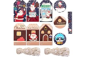 BIULDPY 100 étiquettes cadeaux de Noël avec ficelle : 10 motifs festifs pour emballer vos cadeaux et décorer votre sapin de Noël