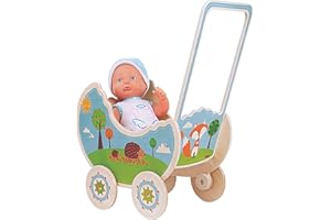 Dida - Carrozzina in Legno per Bambole, Il Bosco, Passeggino Giocattolo per Bambole fino a 35 cm, Ideale per Giochi di Ruolo, Bambini 2-4 Anni