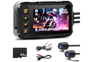 CAMECHO Moto Dash CAM 3 Pulgadas Pantalla con Tarjeta TF de 64 GB, IP67 Impermeable, Doble Cámara Gran Angular de 120 Grados 90 Grados, Cámara para Moto con HDR, Sensor G, Grabación en Bucle