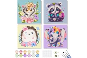 GHHKUD Pintura por Números para Adultos y Niños al óleo de Lienzo DIY, Pack 4 Pinturas para Niños, Animales Kit Manualidades Niños Regalos para Niñas, Cuadros para Pintar por Numeros Paint by Number