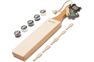 BACHER Premium Leather Strop with Polishing Compound Set, 2 Sided Knife Stropping Block for Sharpening and Honing Knives, Woodcarving Chisels Tools